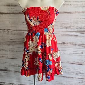 Strapless Red White and Blue Floral Print Strapless Sun Dress Shirring sz M